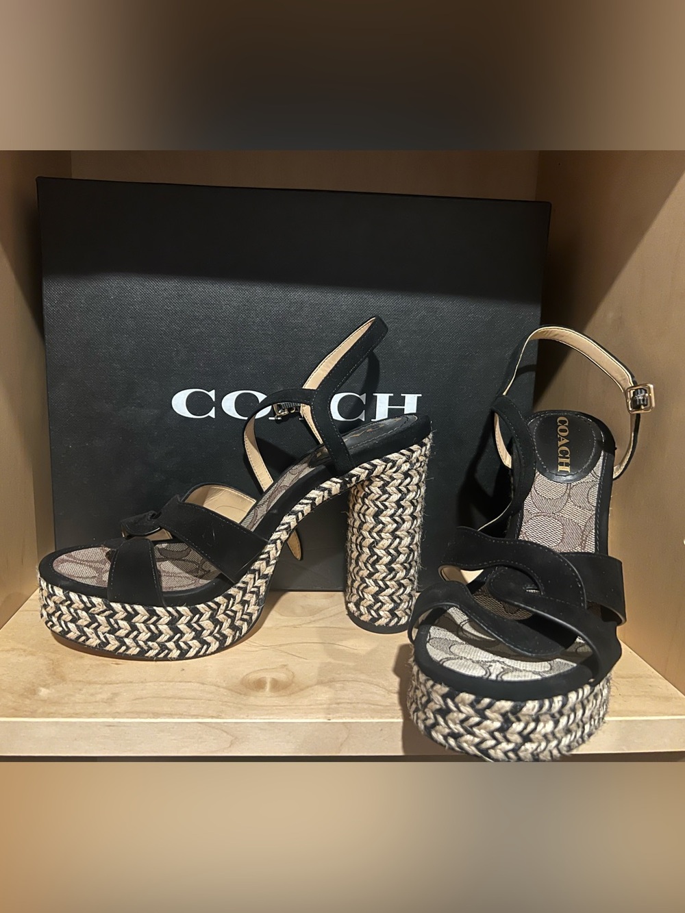 Coach Black Suede Braided Espadrille Platform Sandal